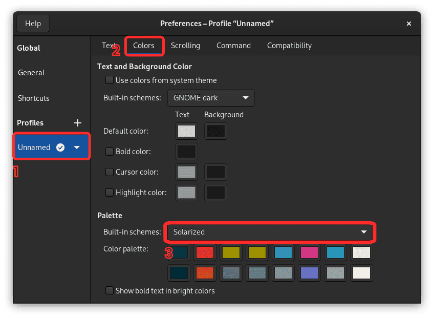 change palette color schemes in gnome terminal