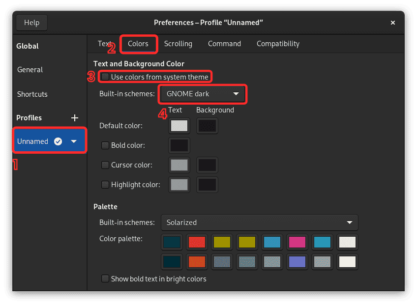 change text and background color scheme in gnome terminal