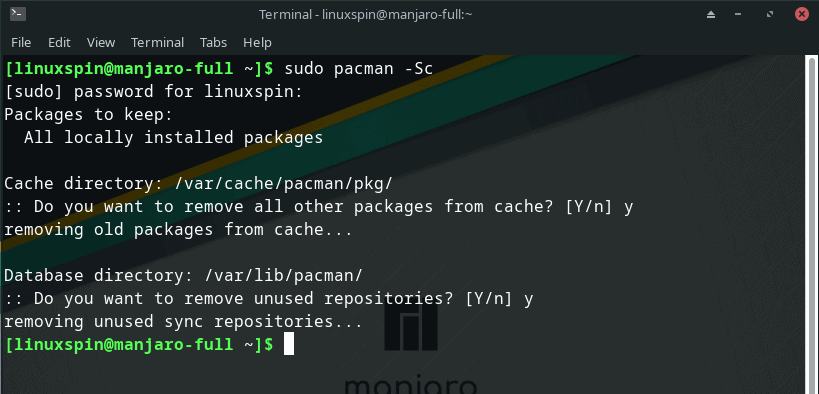 cleaning pacman cache using pacman -Sc command