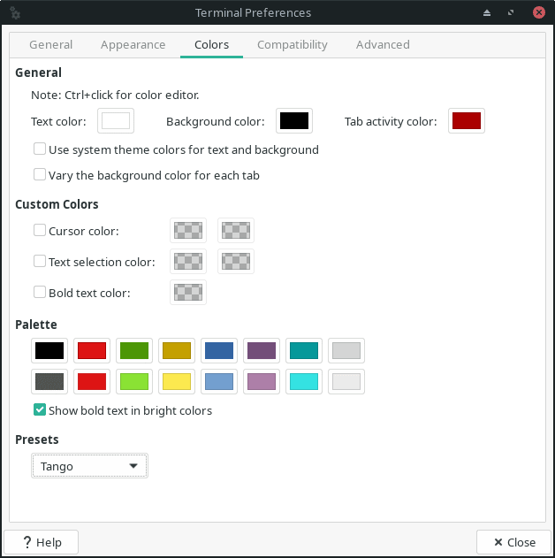 customize colors in xfce terminal