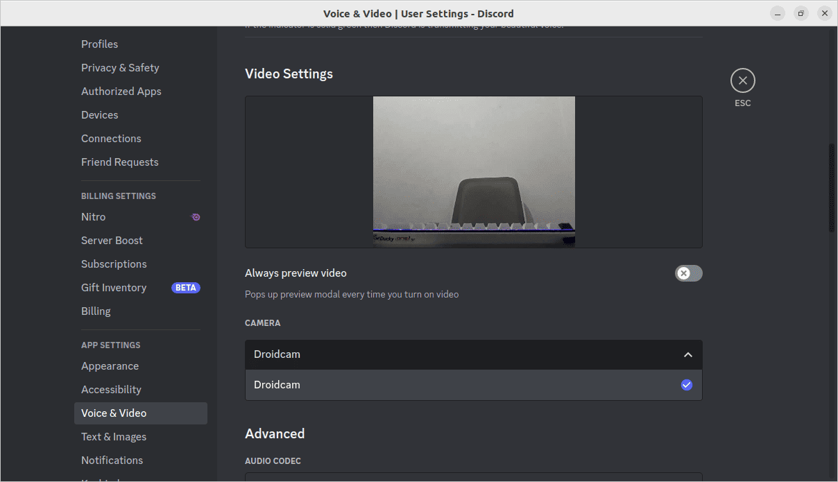 discord settings to use droidcam camera