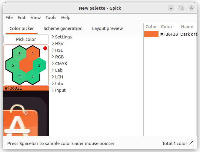 gpick color picker main interface