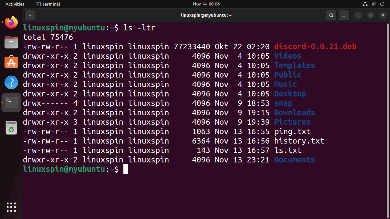 ls -ltr command to sort files by date