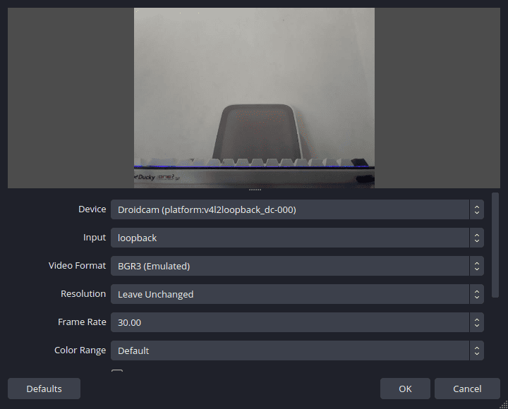 obs settings to use droidcam camera