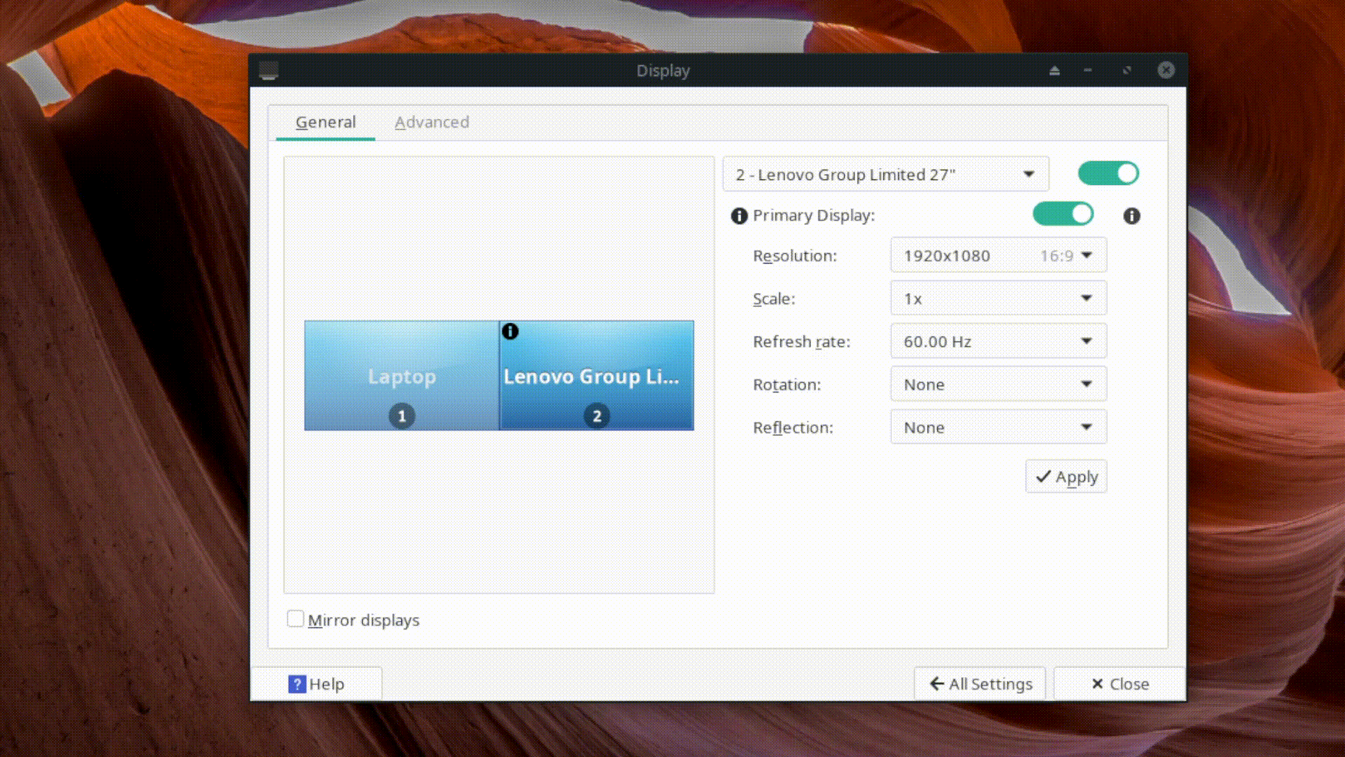 xfce display settings arrange monitors