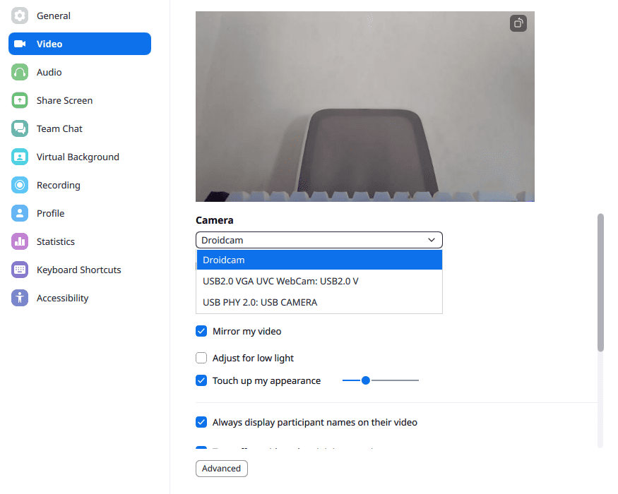 zoom settings to use droidcam camera